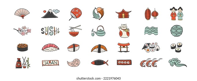 Japaneese Food and Traditions concept art. Menu restaurant. Sushi set. Icons collection for your design