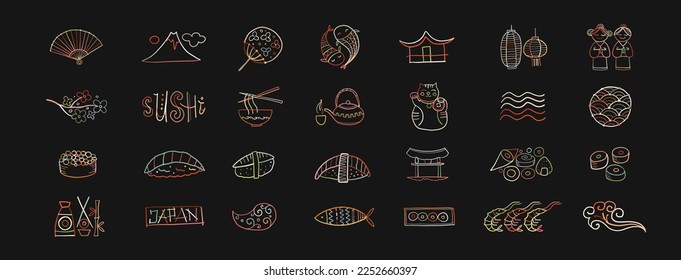 Japaneese Food and Traditions concept art. Menu restaurant. Sushi set. Icons collection for your design