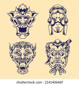 japanes hunter mask vector set 