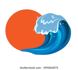 Japanes Tsunami wave in flat cartoon style. Big blue tropical water splash with white foam. Vector illustration on white background
