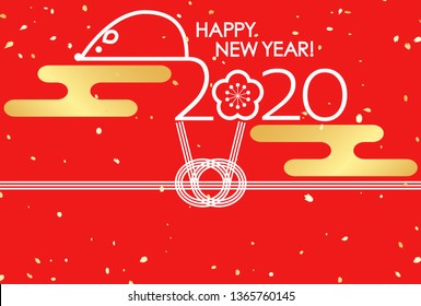 Japanese 2020 New Year's card with zodiac signs, plum blossoms and hazy patterns and string ornament