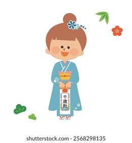 Japanese 753: A 7-year-old girl wearing a Japanese kimono. Cute illustration. "It says Chitose-ame in Japanese."