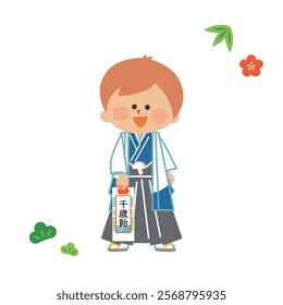 Japanese 753: A cute illustration of a 5-year-old boy wearing a haori hakama. "It says chitose ame in Japanese."