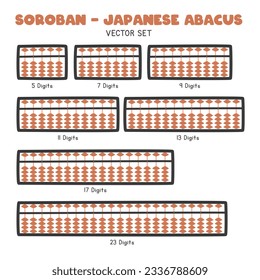 Clíparte de Abacus japonesa. Conjunto de abacus japonés también conocido como Soroban con diferentes números de columnas ilustración plana vectorial estilo de dibujos animados clipart. El aula de matemáticas, el concepto de vuelta a la escuela