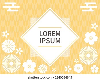 Japanese abstract background, frame and flower decoration. Yellow arrowhead kasuri with golden color.