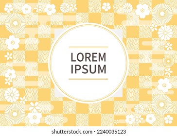 Japanese abstract background, frame and flower decoration. Yellow checkered pattern with golden color and blue sea waves.
