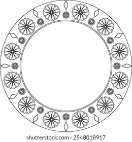 Japanese abstract frame. Black outline vector pattern round border. Coloring page frame. Embroidery template