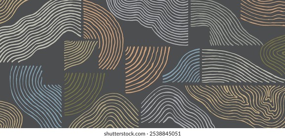 Japanese abstract Simple hand drawn brush line pattern, crafted minimal graphic, ink, weaving, basketry, wood carving, wood block style, experimental curve lines, shapes and weights combination 