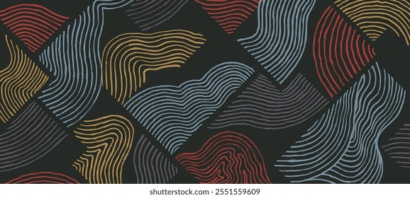 Japanese abstract simple hand drawn ink brush line pattern, crafted minimal graphic, weaving, basketry, wood carving, wood block style, experimental curve lines, shapes and weights combination