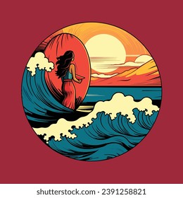 Japanese abstract vector art, decorative design, decorative slogan, printable for wall, tshirt, sweatshirt. Surf slogan for women, sunset, sea, women
