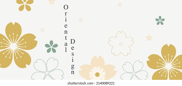 Japanese aesthetic background pattern. Tradition oriental design style banner card with geometric elements and abstract shapes. Sakura blossom flowers line art in green and golden colors.