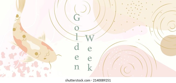 Japanese aesthetic background pattern. Tradition oriental design style banner card with geometric elements and abstract shapes. Wavy water surface with cute carps. 