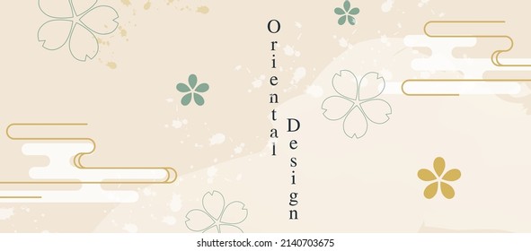 Patrón de fondo estético japonés. Carta tradicional de estilo oriental con elementos geométricos y formas abstractas. Pétalos de flores de cerezo sakura y arte de línea dorada.