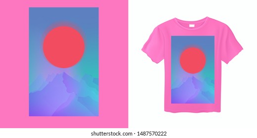 Japanese Aesthetic Vaporwave Pink T-shirt Print Template with Sun and Mountains: 90s 80s Retro Cartoon Style like in Synthwave/ Retrowave Video Arcade Games.