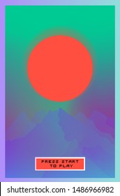 Japanese Aesthetic Vaporwave Print Template with Sun and Mountains: 90s 80s Retro Cartoon Style like in Synthwave/ Retrowave Video Arcade Games.