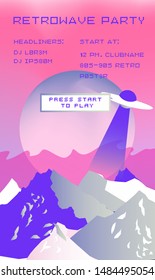 Japanese Aesthetic Vaporwave Retrowave Poster Template with Sun and Mountain: 90s 80s Retro Japan Anime Cartoon Kawaii Otaku Hipster Style for Cyberpunk Synthwave Electronic Music Party.