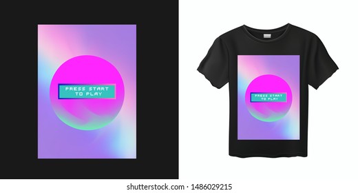 Japanese Aesthetic Vaporwave T-shirt Print Template with Sun and Mountains: 90s 80s Retro Japan Cartoon Kawaii Otaku Hipster Style, Synthwave/ Retrowave Neon Color Pastel Tones.