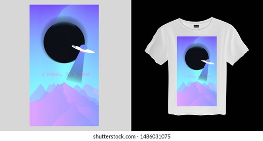 Japanese Aesthetic Vaporwave T-shirt Print Template with Sun Eclipse and Mountains: 90s 80s Retro Japan Cartoon Kawaii Otaku Hipster Style, Synthwave/ Retrowave Neon Color Pastel Tones.