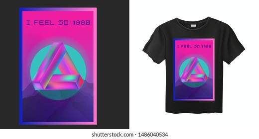 Japanese Aesthetic Vaporwave T-shirt Print Template with Sun and Mountains: 90s 80s Retro Anime Cartoon Kawaii Otaku Hipster Style, Synthwave/ Retrowave Neon Color Pastel Tones.