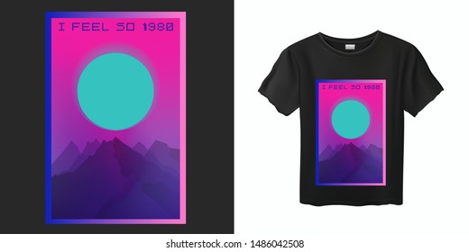 Japanese Aesthetic Vaporwave T-shirt Print Template with Sun and Mountains: 90s 80s Retro Japan Cartoon Kawaii Otaku Hipster Style, Synthwave/ Retrowave Neon Color Pastel Tones.