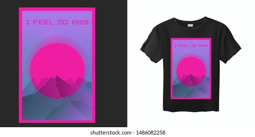 Japanese Aesthetic Vaporwave T-shirt Print Template with Sun and Mountains: 90s 80s Retro Cartoon Kawaii Otaku Hipster Style, Synthwave/ Retrowave Neon Color Pastel Tones.