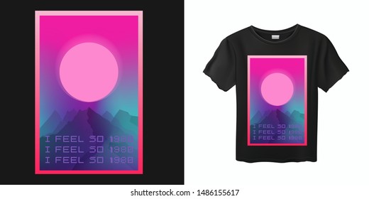 Japanese Aesthetic Vaporwave T-shirt Print Template with Sun and Mountains: 90s 80s Retro Cartoon Kawaii Otaku Hipster Style, Synthwave/ Retrowave Neon Color Pastel Tones.