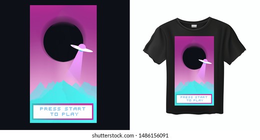 Japanese Aesthetic Vaporwave T-shirt Print Template with Sun, Flying UFO Plate and Mountains: 90s 80s Retro Cartoon Style like in Synthwave/ Retrowave Video Arcade Games.