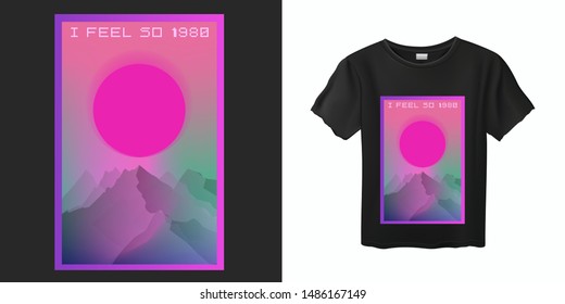 Japanese Aesthetic Vaporwave T-shirt Print Template with Sun and Mountains: 90s 80s Retro Japan Cartoon Kawaii Otaku Hipster Style, Synthwave/ Retrowave Neon Color Pastel Tones.