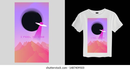 Japanese Aesthetic Vaporwave T-shirt Print Template with Sun, Flying UFO Plate and Mountains: 90s 80s Retro Cartoon Style like in Synthwave/ Retrowave Video Arcade Games.