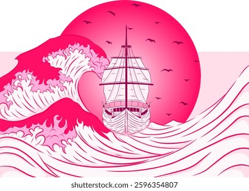 Japanese Aesthetic Waves and Sunset Graphic Tee Design