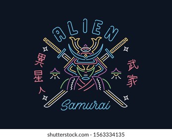 Japanese alien Samurai vector design in neon style