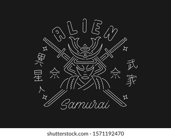 Japanese alien Samurai vector design in neon style