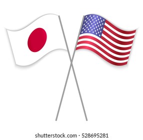 Japanese and American crossed flags. Japan combined with United States of America isolated on white. Language learning, international business or travel concept.