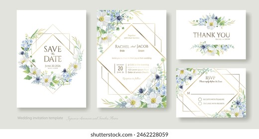 Japanese Anemone and Tweedia flower with greenery for wedding Invitation card, save the date, thank you, rsvp template. Vector