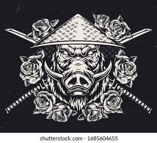 Japanese animal warrior vintage concept with cruel wild boar head in conical straw hat rose flowers and crossed katanas isolated vector illustration