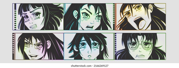 Japanese anime characters. Cartoon japan manga girls, comic face characters with cute kawaii eyes, beauty female in black sketch style, women portraits different emotions. Vector drawing