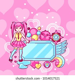 Japanese anime cosplay background. Cute kawaii characters and items.