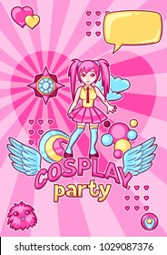 Japanese anime cosplay party invitation. Cute kawaii characters and items.