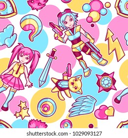 Japanese Anime Cosplay Seamless Pattern. Cute Kawaii Characters And Items.