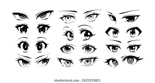 Japanese anime eye close up set on isolated background. Black and white manga cartoon character, animation art style bundle. Trendy Y2K eyes, facial expression graphic, diverse comic book people.