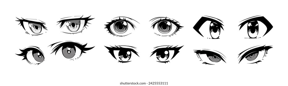 Japanese anime eye close up set on isolated background. Black and white manga cartoon character, animation art style bundle. Trendy Y2K eyes, facial expression graphic, diverse comic book people.