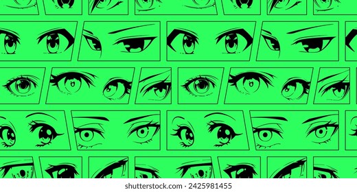 Japanese anime eye seamless pattern illustration. Manga cartoon character background, animation art style print. Trendy Y2K eyes, facial expression graphic, diverse comic book people.