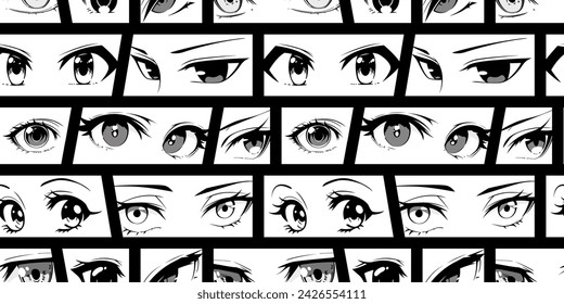 Japanese anime eye seamless pattern illustration. Black and white manga cartoon character background, animation art style print. Trendy Y2K eyes, facial expression graphic, diverse comic book people.