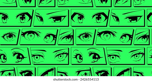 Japanese anime eye seamless pattern illustration. Manga cartoon character background, animation art style print. Trendy Y2K eyes, facial expression graphic, diverse comic book people.