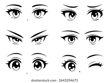 Japanese anime eyes set on isolated background. Black and white manga character, animation art style set.