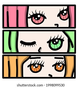 Japanese anime with manga face. Anime characters. Hand drawn trendy Vector illustration. Pre-made prints. Every illustration is isolated