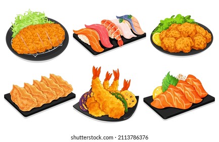 Japanese appetizers menu recipe illustration vector.
(Tonkatsu, Sushi, Karaage, Gyoza, Tempura and Salmon Sashimi)