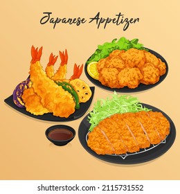 Japanese appetizers menu recipe illustration vector.
(Tonkatsu Shrimp Tempura and Chicken Karaage)