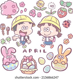 Japanese April illustration (easter, cherry blossoms, primary school etc)