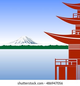 Japanese architecture against the backdrop of Mount Fuji.